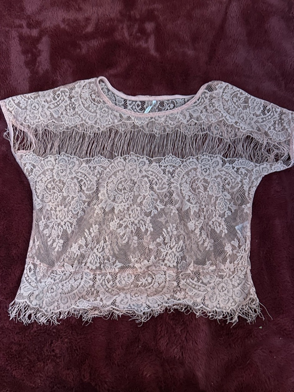 Lace Fringe Short-Sleeve Top in Light Pink